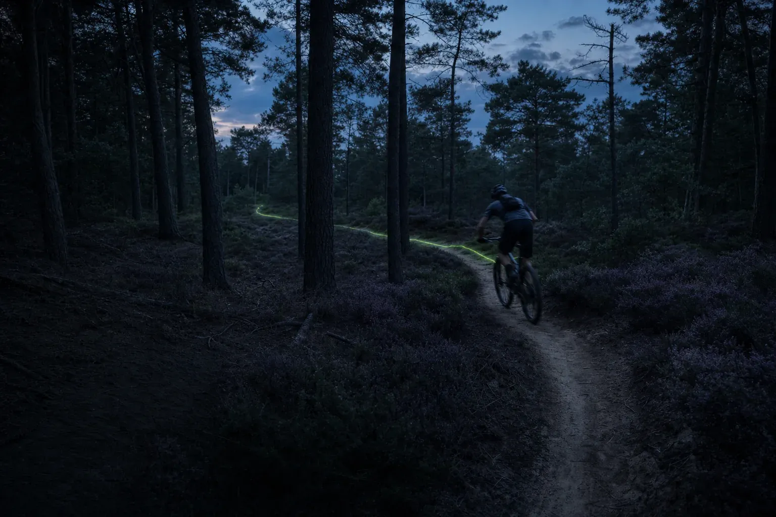 Een mountainbiker rijdt in de schemering over een smal pad door een dennenbos; een dunne lijn van licht wijst de weg vooruit.
