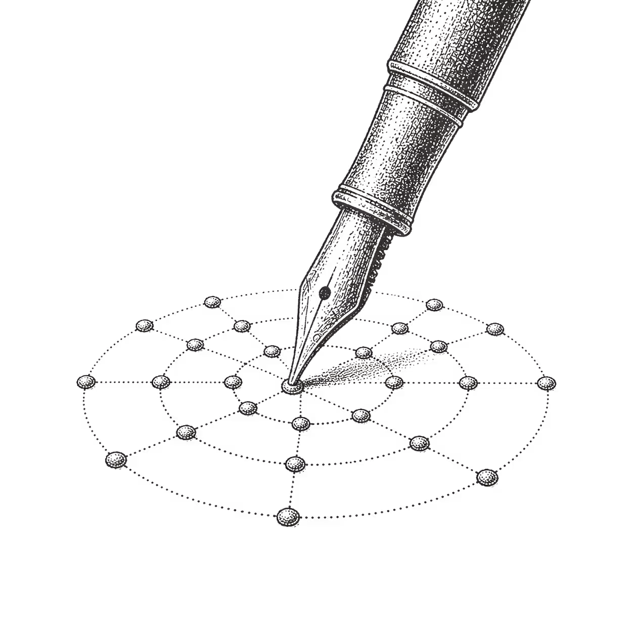 Pen-and-ink illustration of a pen nib over a network diagram