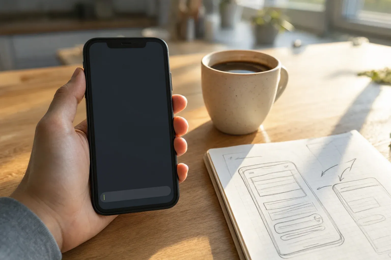 Een hand houdt 's ochtends aan de keukentafel een telefoon vast met een leeg invoerveld; ernaast koffie en een schetsboek met een eerste ontwerp van een app
