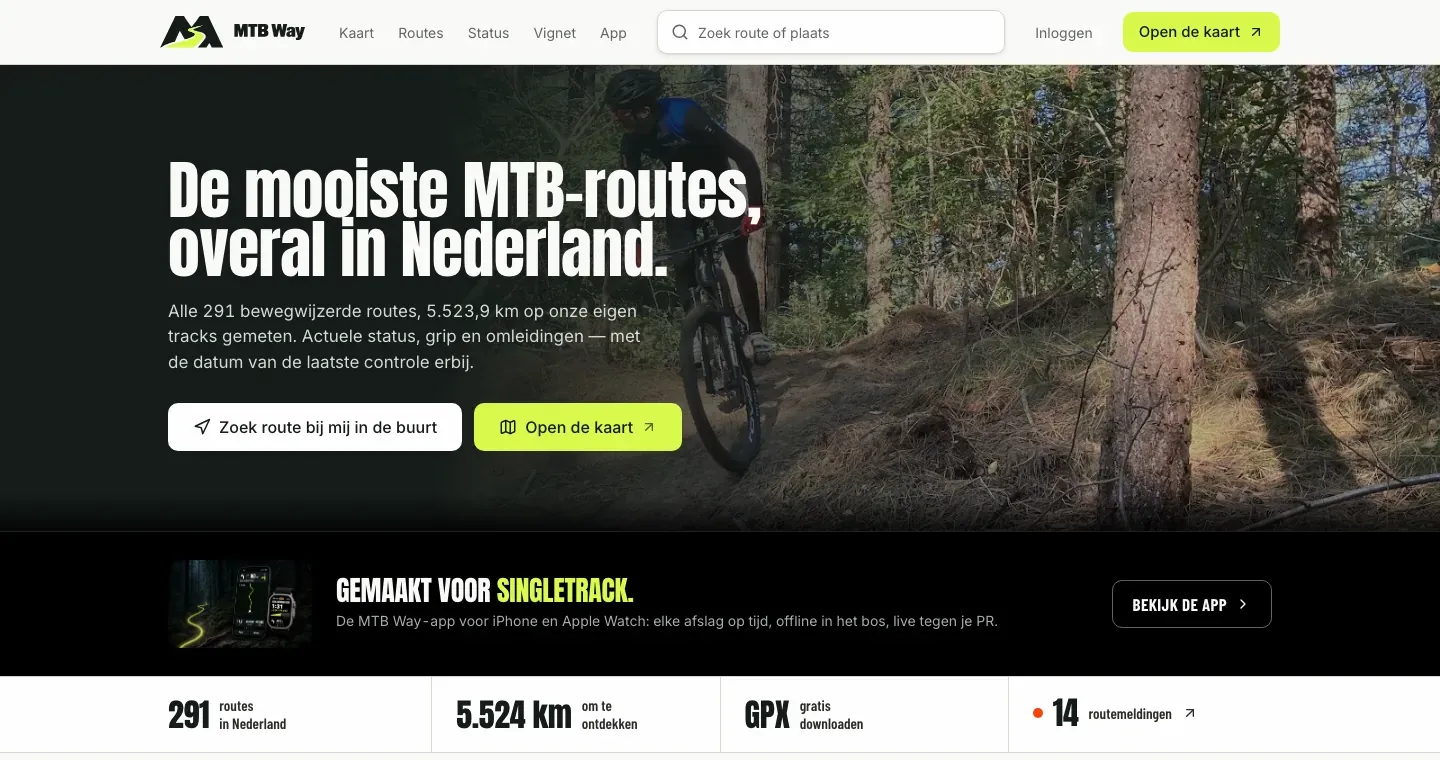De homepage van mtbway.com: de mooiste MTB-routes, overal in Nederland, met 291 routes en 5.524 kilometer