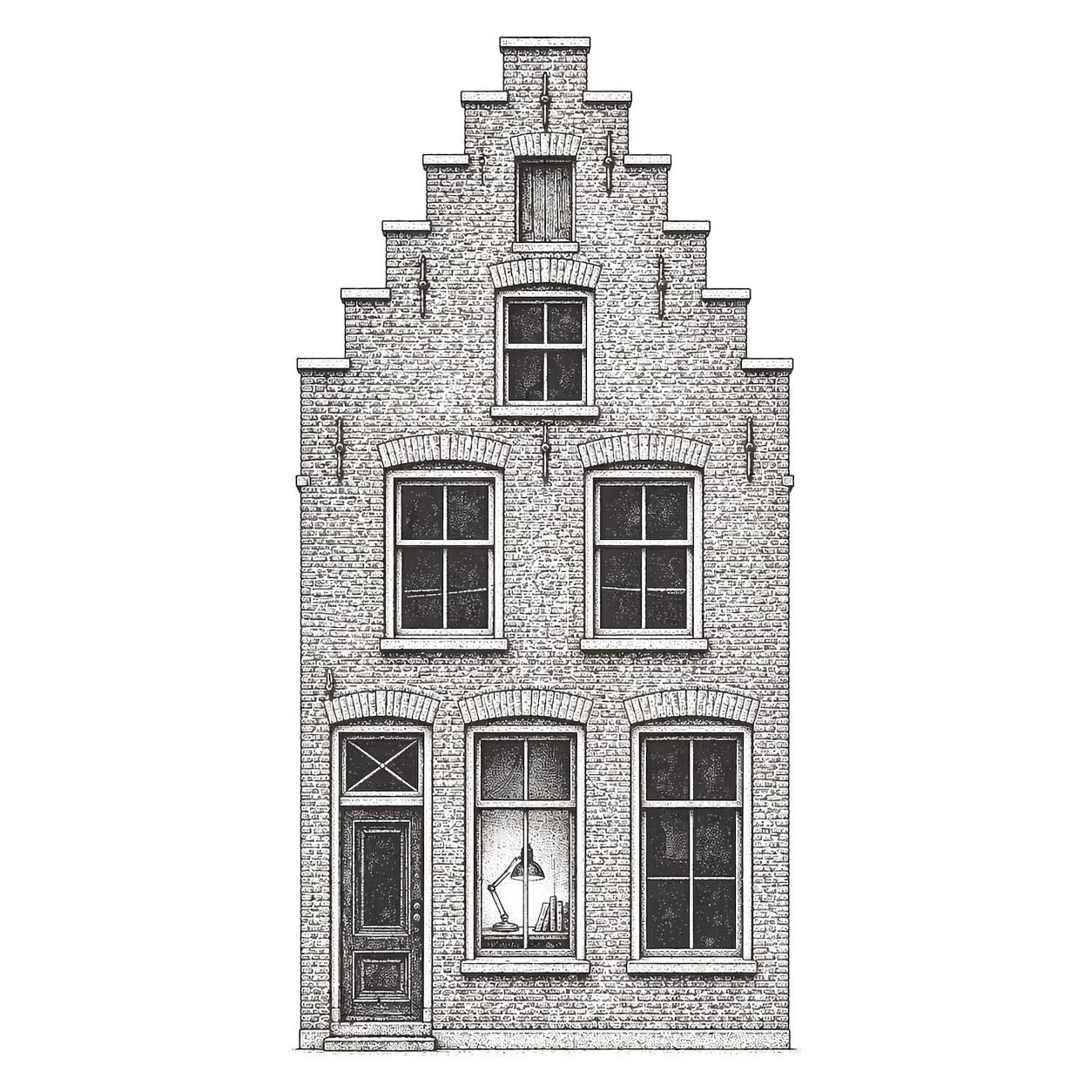 Pen-and-ink illustration of a Dutch canal-house gable
