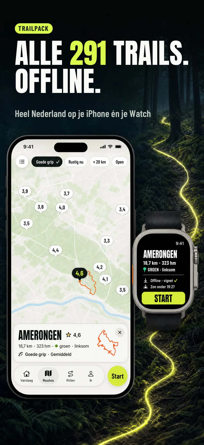 De routekaart rond Amerongen met scores per route, en de Watch klaar om te starten. Kop: Alle 291 trails. Offline.