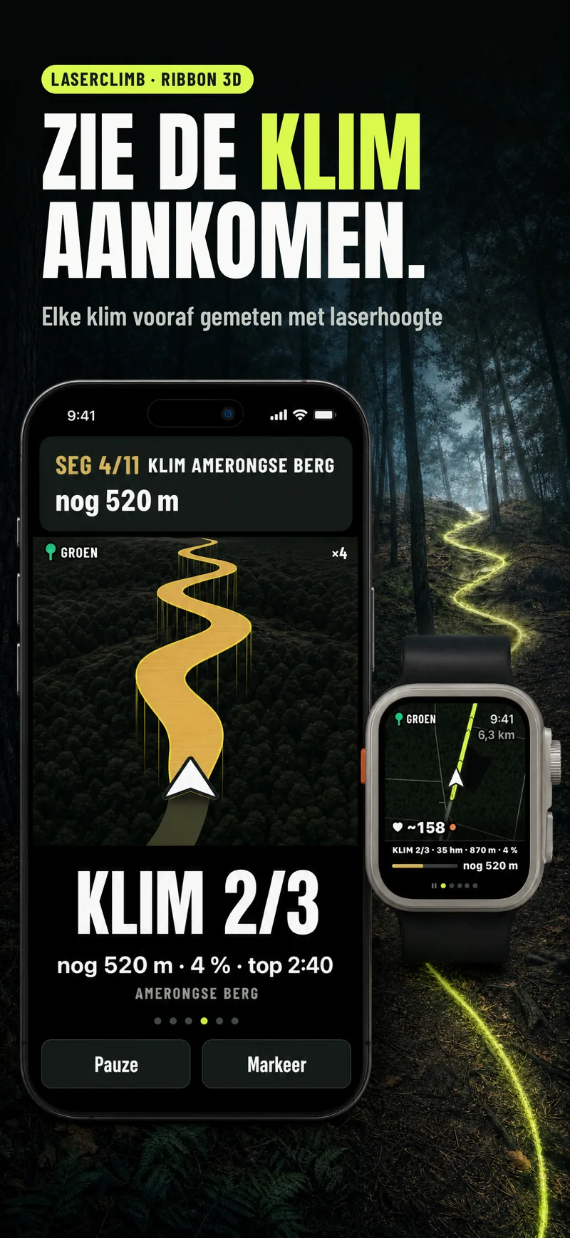 De klim als 3D-lint: klim 2 van 3, nog 520 meter, 4 procent. Kop: Zie de klim aankomen.